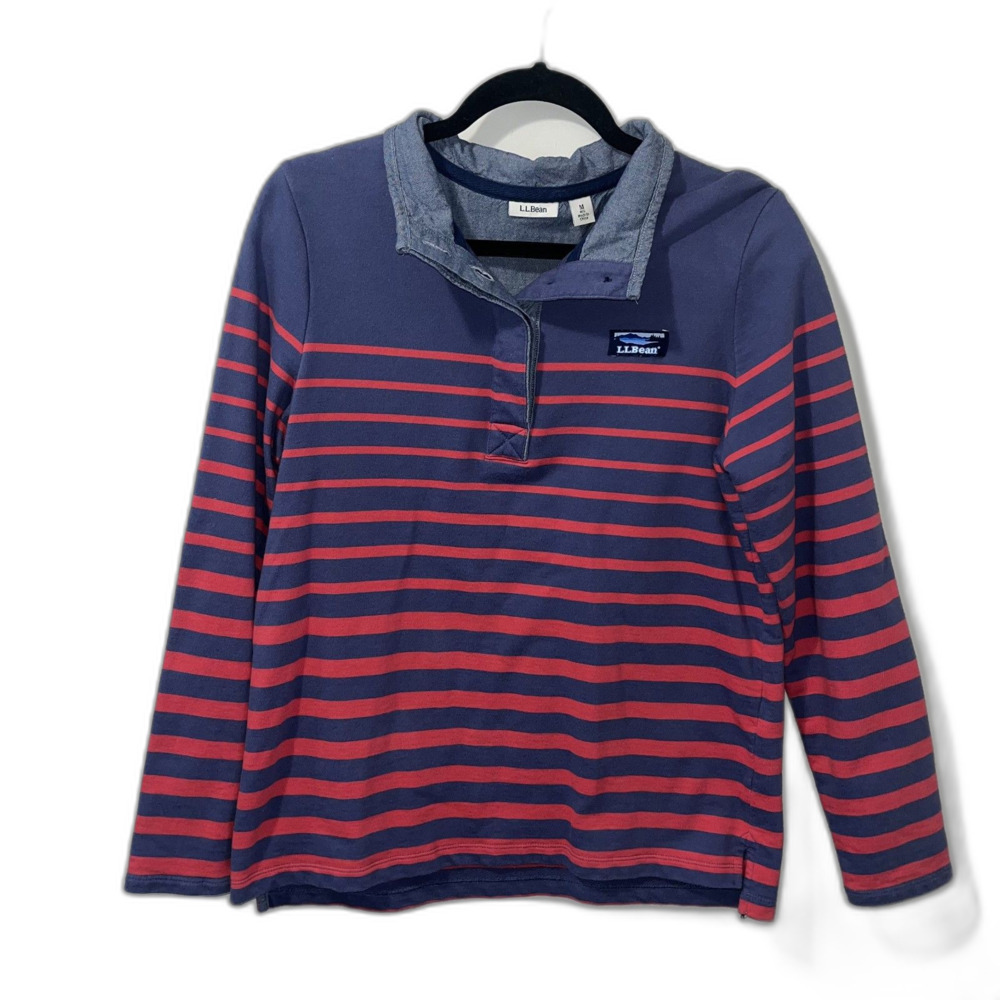 L.L. Bean Quarter Button Down 100% Cotton Striped Long Sleeve Polo Size Medium